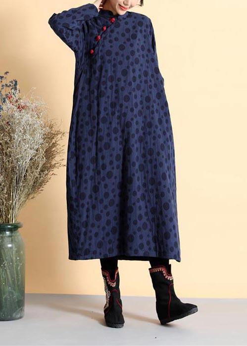 DIY Stand Collar Spring Quilting Dresses Work Outfits Navy Dotted Dress - bagstylebliss