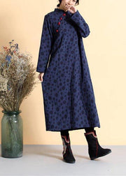 DIY Stand Collar Spring Quilting Dresses Work Outfits Navy Dotted Dress - bagstylebliss