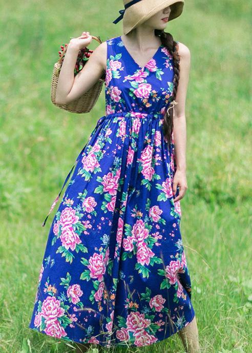 DIY Summer Sleeveless Clothes Work Blue Print Dresses - bagstylebliss