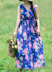 DIY Summer Sleeveless Clothes Work Blue Print Dresses - bagstylebliss