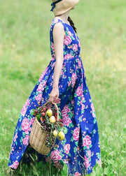 DIY Summer Sleeveless Clothes Work Blue Print Dresses - bagstylebliss