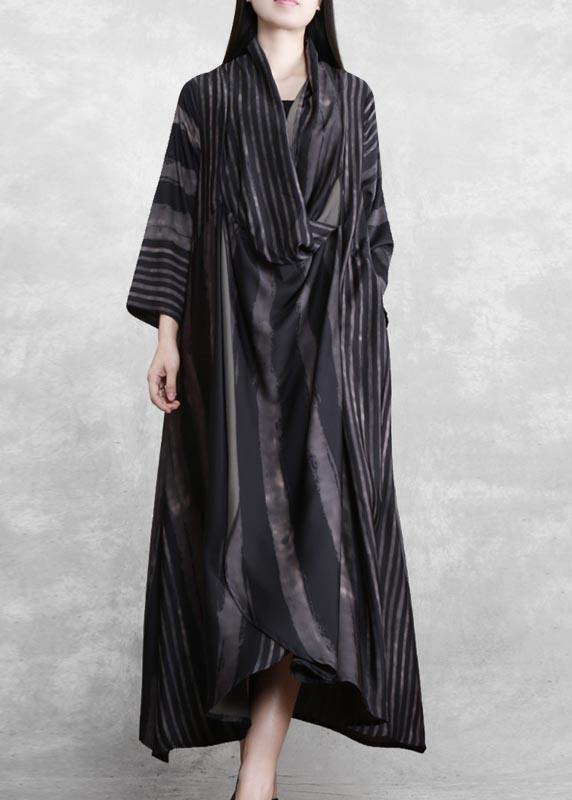 DIY V Neck Asymmetric Tunics Black Striped Robes Dress - bagstylebliss