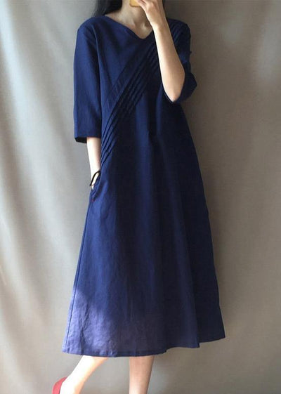 DIY V Neck Half Sleeve Long Shirts Neckline Navy Traveling Dress - bagstylebliss