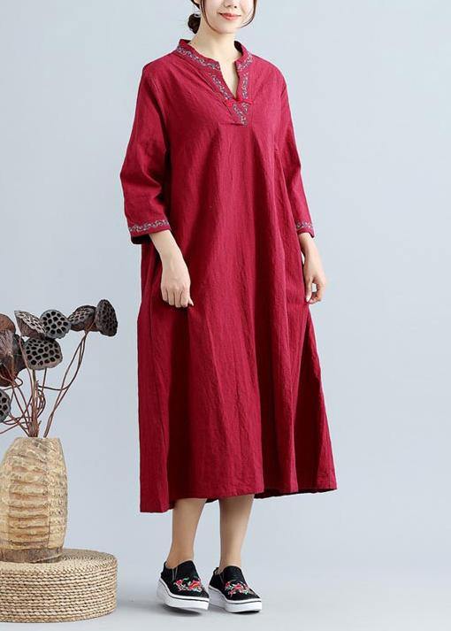 DIY V Neck Spring Outfit Work Burgundy Embroidery Robes Dress - bagstylebliss