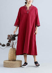 DIY V Neck Spring Outfit Work Burgundy Embroidery Robes Dress - bagstylebliss