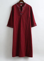 DIY V Neck Spring Outfit Work Burgundy Embroidery Robes Dress - bagstylebliss