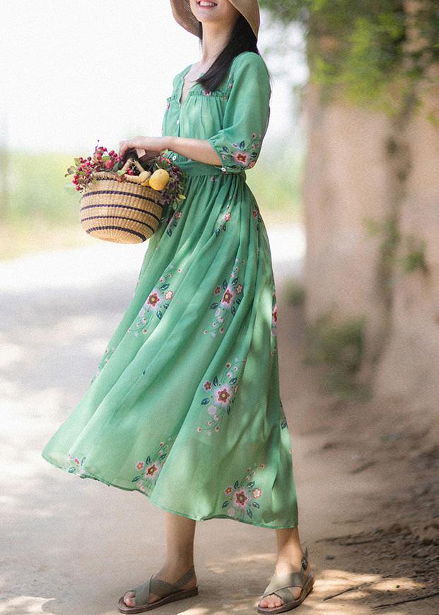 DIY V Neck Tie Waist Summer Quilting Dresses Wardrobes Green Print Long Dress - bagstylebliss