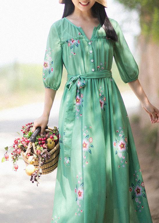 DIY V Neck Tie Waist Summer Quilting Dresses Wardrobes Green Print Long Dress - bagstylebliss