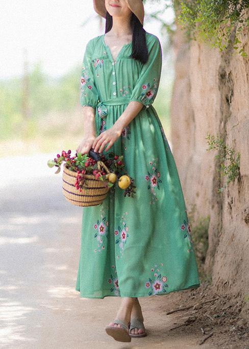 DIY V Neck Tie Waist Summer Quilting Dresses Wardrobes Green Print Long Dress - bagstylebliss
