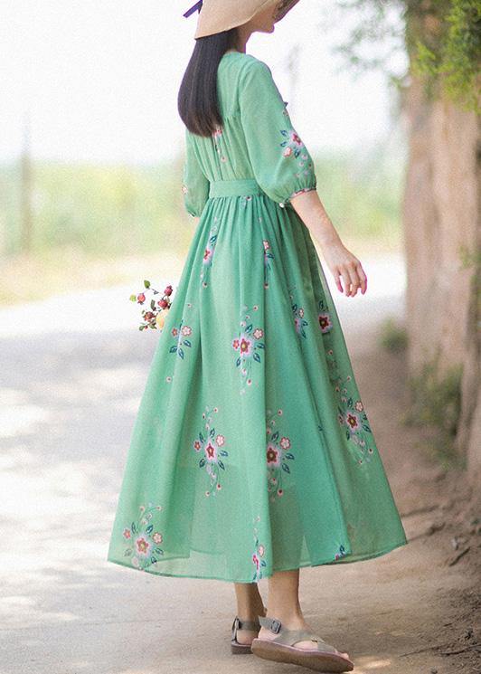 DIY V Neck Tie Waist Summer Quilting Dresses Wardrobes Green Print Long Dress - bagstylebliss