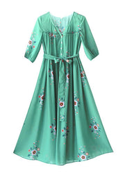 DIY V Neck Tie Waist Summer Quilting Dresses Wardrobes Green Print Long Dress - bagstylebliss