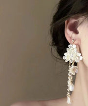 DIY White Alloy Pearl Floral Tassel Drop Earrings