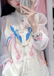 DIY White Embroidered Button Chiffon Waistcoat And Shirts Two Piece Set