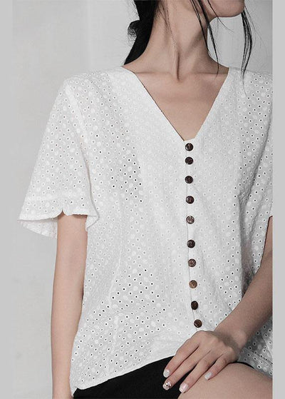 DIY White Hollow Out V Neck Button Cotton Shirt Top Summer - bagstylebliss