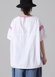 DIY White Patchwork O-Neck Cotton Top Short Sleeve - bagstylebliss