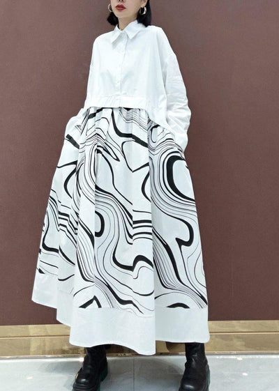 DIY White Print Clothes Lapel Patchwork Maxi Spring Dresses - bagstylebliss