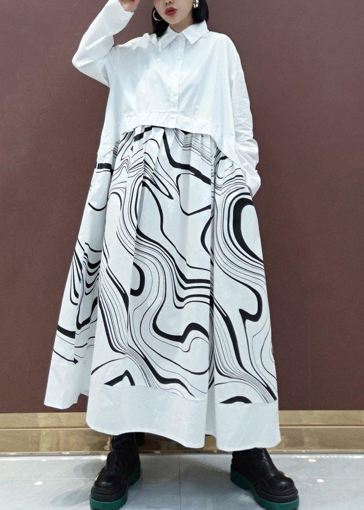 DIY White Print Clothes Lapel Patchwork Maxi Spring Dresses - bagstylebliss