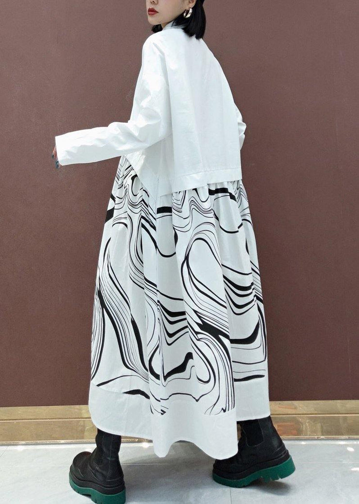 DIY White Print Clothes Lapel Patchwork Maxi Spring Dresses - bagstylebliss