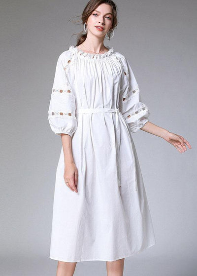 DIY White Slash Necktie Waist Cotton Fall Long Dress Half Sleeve - bagstylebliss