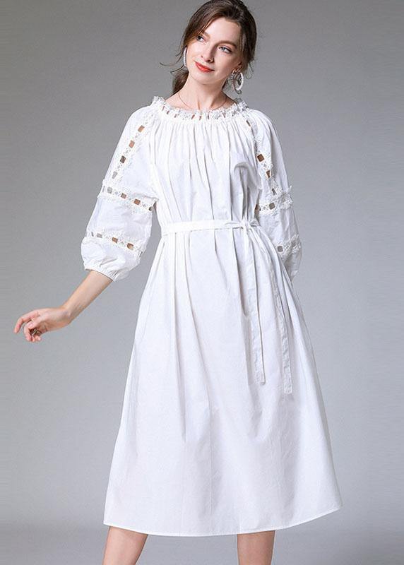 DIY White Slash Necktie Waist Cotton Fall Long Dress Half Sleeve - bagstylebliss