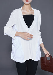 DIY White V Neck Patchwork Wrinkled Knit Top Fall