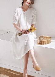 DIY White V Neck lantern Sleeve Summer Linen Maxi Dress Half Sleeve - bagstylebliss