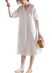 DIY White V Neck lantern Sleeve Summer Linen Maxi Dress Half Sleeve - bagstylebliss