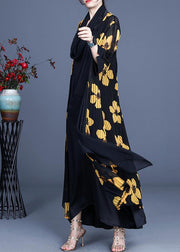 DIY Yellow Floral Summer Three Quarter sleeve Silk Long Loose Jacket - bagstylebliss