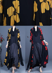 DIY Yellow Floral Summer Three Quarter sleeve Silk Long Loose Jacket - bagstylebliss