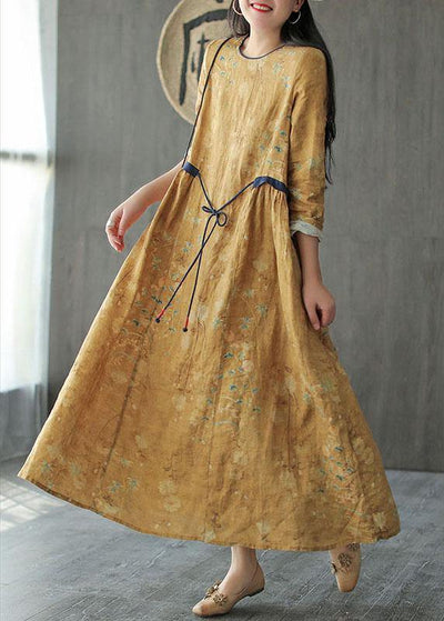 DIY Yellow O-Neck Print Tie Waist Long Sleeve Fall Dress - bagstylebliss