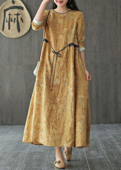 DIY Yellow O-Neck Print Tie Waist Long Sleeve Fall Dress - bagstylebliss