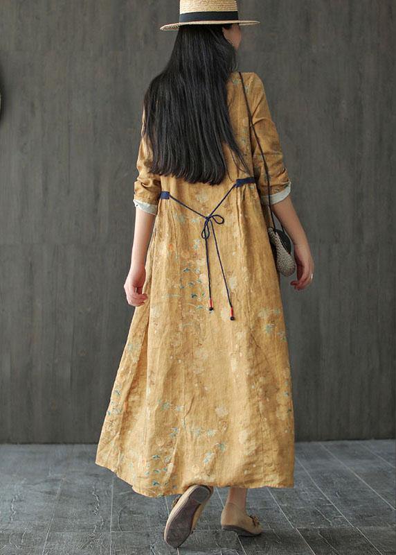 DIY Yellow O-Neck Print Tie Waist Long Sleeve Fall Dress - bagstylebliss