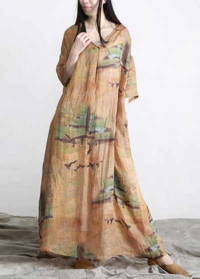 DIY Yellow Print Linen Oversize Summer Long Dress - bagstylebliss