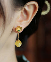 DIY Yellow Sterling Silver Beeswax Amber Jade Floral Drop Earrings