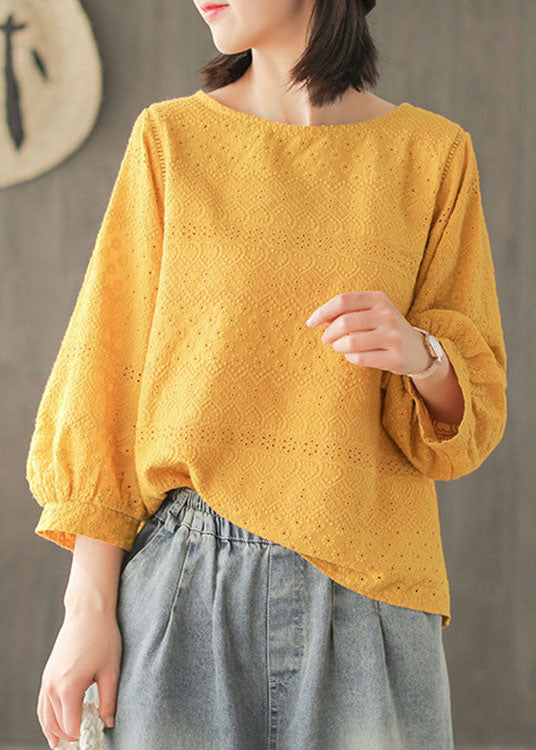 DIY Yellow fashion Hollow Out Embroideried Fall Long sleeve Tops