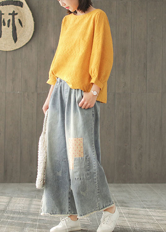 DIY Yellow fashion Hollow Out Embroideried Fall Long sleeve Tops