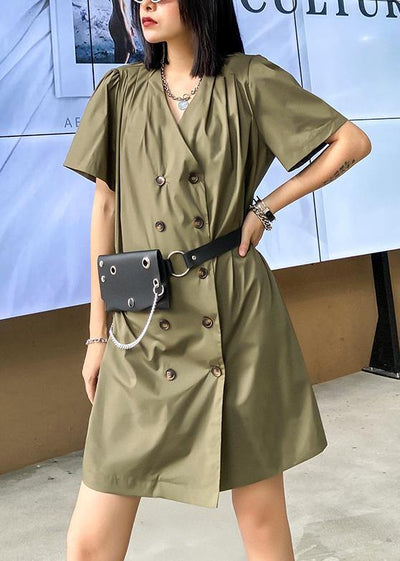 DIY army green Wardrobes v neck Double row buttons Dress - bagstylebliss