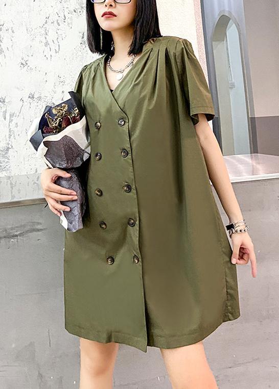 DIY army green Wardrobes v neck Double row buttons Dress - bagstylebliss