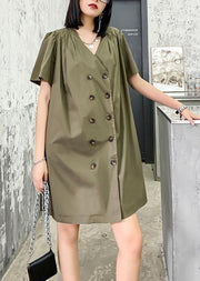 DIY army green Wardrobes v neck Double row buttons Dress - bagstylebliss