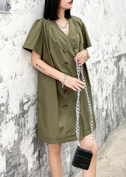 DIY army green Wardrobes v neck Double row buttons Dress - bagstylebliss