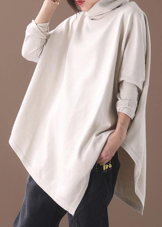 DIY asymmetric hem cotton high neck blouses for women Fabrics beige white tops - bagstylebliss