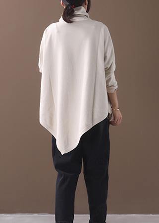 DIY asymmetric hem cotton high neck blouses for women Fabrics beige white tops - bagstylebliss