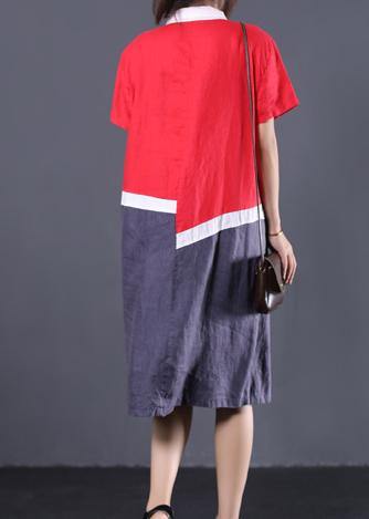 DIY asymmetric patchwork linen tunic dress Wardrobes red Robe Dresses POLO collar - bagstylebliss
