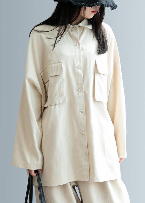 DIY beige clothes For Women lapel pockets Knee shirt - bagstylebliss