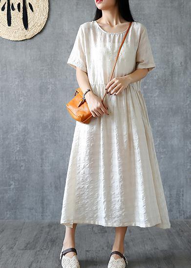 DIY beige linen quilting dresses o neck Cinched Kaftan summer Dresses - bagstylebliss