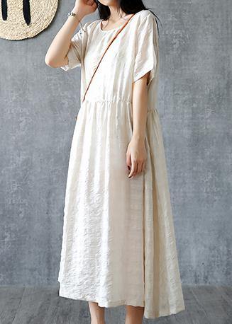 DIY beige linen quilting dresses o neck Cinched Kaftan summer Dresses - bagstylebliss
