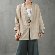 DIY beige shirts women v neck pockets Plus Size Clothing shirt - bagstylebliss