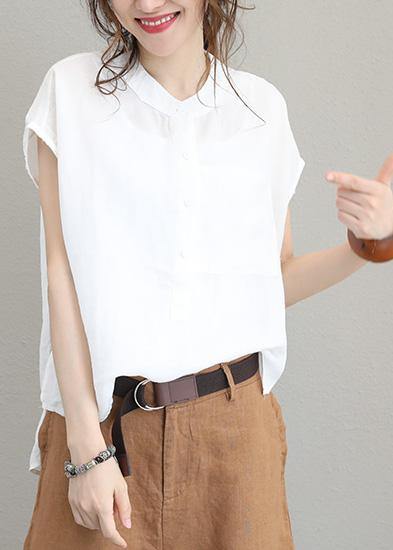 DIY beige white linen shirts women short sleeve baggy low high design tops - bagstylebliss