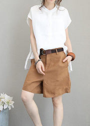 DIY beige white linen shirts women short sleeve baggy low high design tops - bagstylebliss