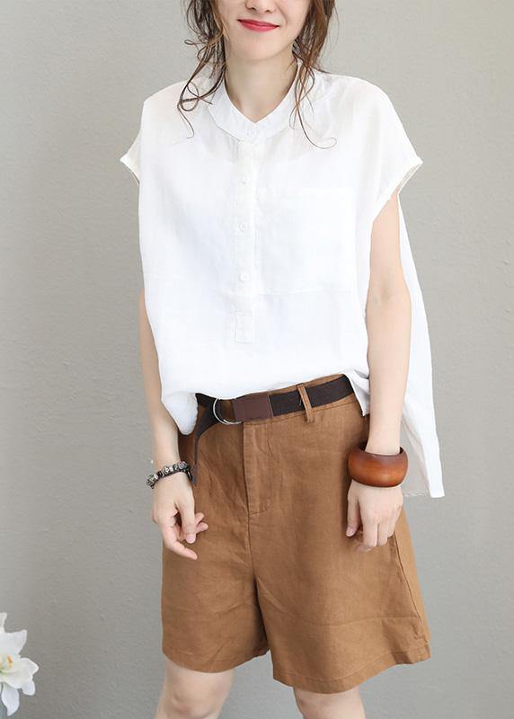 DIY beige white linen shirts women short sleeve baggy low high design tops - bagstylebliss